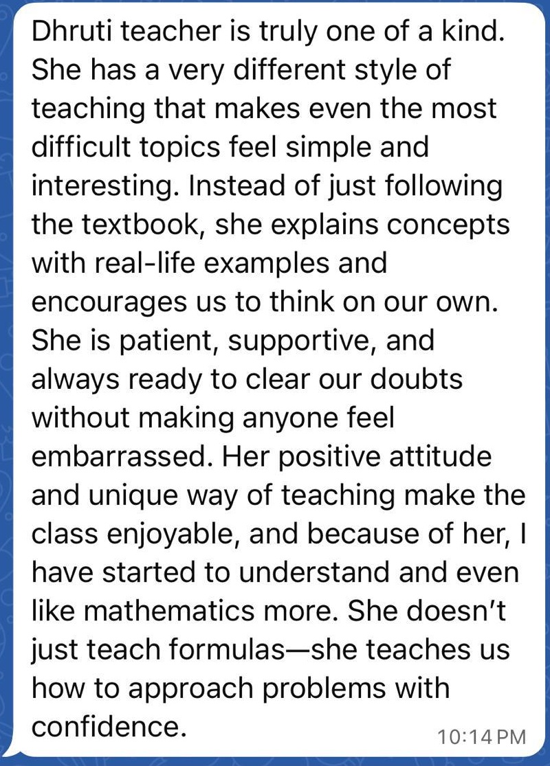 Original testimonial message from Student