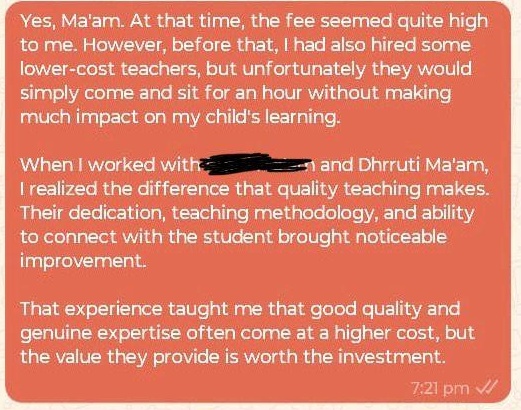 Original testimonial message from Parent